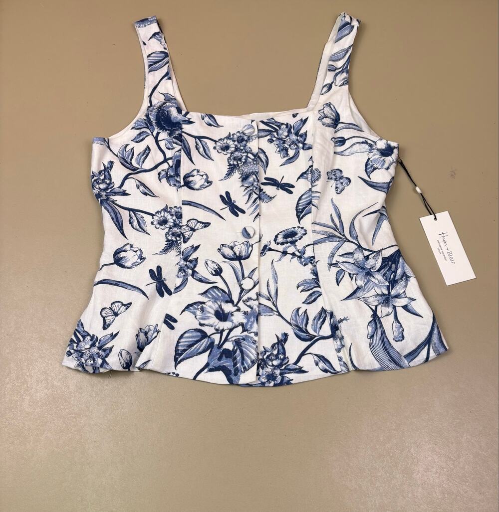 Floral Linen Blend Tank Top Women’s M Blue White Button Front Haver & Blair NWT